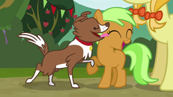 Size: 1280x720 | Tagged: safe, screencap, apple crumble, jonagold, marmalade jalapeno popette, winona, dog, earth pony, pony, apple family reunion, g4, apple family, apple family member, background pony, cute, eyes closed, filly, happy, licking, open mouth, raised hoof, raised paw