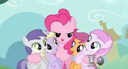 Size: 636x345 | Tagged: safe, screencap, dinky hooves, pinkie pie, piña colada, scootaloo, tornado bolt, a friend in deed, g4, bedroom eyes, hub logo, out of context, piña cutelada, smile smile smile, smile song