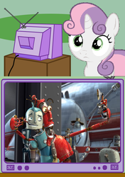 Size: 564x800 | Tagged: safe, sweetie belle, pony, robot, robot pony, unicorn, g4, exploitable meme, female, fender, filly, foal, horn, robots (movie), rodney copperbottom, sweetie bot, teeth, tv meme