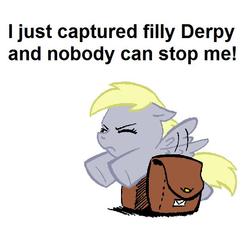 Size: 630x590 | Tagged: safe, derpy hooves, g4, arial, bronybait, caption, filly, filly derpy, image macro, mailbag, meta, text, younger