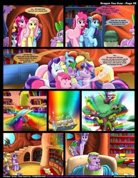 Size: 1165x1500 | Tagged: safe, artist:kitsuneyoukai, applejack, fluttershy, pinkie pie, rainbow dash, rarity, spike, twilight sparkle, dracony, hybrid, comic:dragon you over, g4, baby, comic, elements of harmony, female, hug, interspecies offspring, male, mane seven, mane six, offspring, parent:spike, parent:twilight sparkle, parents:twispike, rainbow, ship:twispike, shipping, straight, wat