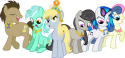 Size: 3490x1617 | Tagged: safe, artist:jaybugjimmies, bon bon, derpy hooves, dj pon-3, doctor whooves, lyra heartstrings, octavia melody, sweetie drops, time turner, vinyl scratch, earth pony, pegasus, pony, unicorn, g4, background pony, background six, cutie mark, elements of harmony, eyes closed, female, hooves, horn, male, mare, open mouth, simple background, sitting, stallion, standing, sunglasses, transparent background, vector, wings