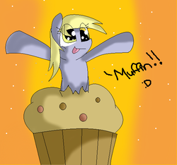 Size: 569x532 | Tagged: safe, artist:littlemissperkypop, derpy hooves, pegasus, pony, g4, female, giant muffin, mare, muffin, solo, tongue out