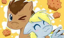 Size: 512x307 | Tagged: safe, artist:shinehpie, derpy hooves, doctor whooves, time turner, pegasus, pony, g4, blushing, female, happy, male, mare, muffin, ship:doctorderpy, shipping, straight