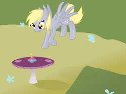 Size: 1024x768 | Tagged: safe, artist:risgrestarsfx, derpy hooves, pegasus, pony, g4, candle, female, mare, muffin, mushroom, solo, table