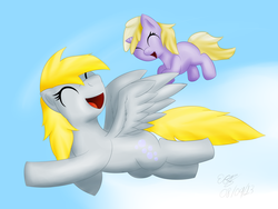 Size: 4000x3000 | Tagged: safe, artist:icy wings, derpy hooves, dinky hooves, g4, equestria's best mother, filly, flying, happy