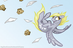 Size: 900x600 | Tagged: safe, artist:keyfeathers, derpy hooves, pegasus, pony, g4, female, letter, mail, mare, muffin, paper, sky, solo