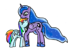 Size: 700x483 | Tagged: safe, artist:tensecondsflat, princess luna, rainbow dash, g4, female, lesbian, neck nuzzle, nuzzling, ship:lunadash, shipping, simple background