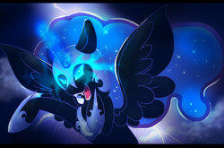 Size: 1101x725 | Tagged: safe, artist:xsilvertigress, nightmare moon, g4, fangs, glowing, glowing eyes, glowing horn, horn, magic, solo, spread wings, wings