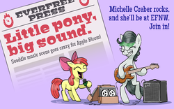 Size: 1350x844 | Tagged: safe, artist:pedantia, apple bloom, oc, oc:front page, earth pony, pony, g4, everfree northwest, female, filly, foal, glasses, guitar, michelle creber, musical instrument, ponified