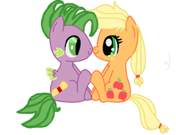 Size: 880x672 | Tagged: safe, artist:gravityfallsponies, applejack, spike, g4, cute, female, foal, hatless, male, missing accessory, ponified, ponified spike, ship:applespike, shipping, species swap, straight