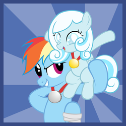 Size: 2140x2140 | Tagged: safe, artist:hoodiepatrol89, rainbow dash, oc, oc:snowdrop, pegasus, pony, g4, duo, duo female, female, filly, foal, gold medal, injured, mare, medal, silver medal