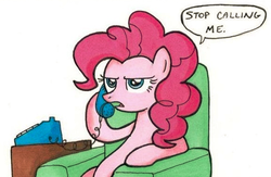 Size: 483x315 | Tagged: safe, artist:madmax, pinkie pie, earth pony, pony, g4, armchair, chair, dialogue, female, lidded eyes, open mouth, phone, simple background, sitting, solo, stop calling me, white background