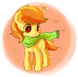 Size: 537x531 | Tagged: safe, artist:nyonhyon, braeburn, earth pony, pony, g4, clothes, colt, cute, flower, male, scarf, solo, younger