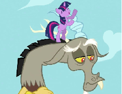 Size: 442x342 | Tagged: safe, artist:purgeslc, discord, twilight sparkle, g4, animated, dancing, discord is not amused, gif, loop, perfect loop, unamused