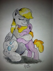 Size: 500x669 | Tagged: safe, artist:queridoor, derpy hooves, dinky hooves, pegasus, pony, g4, equestria's best mother, female, hug, mare, traditional art