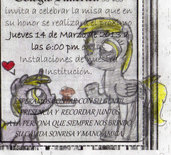 Size: 613x554 | Tagged: safe, artist:acuario1602, derpy hooves, dinky hooves, g4, heart, muffin, spanish, text, traditional art