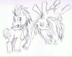 Size: 2209x1756 | Tagged: safe, artist:aramintaxkazemaru, derpy hooves, doctor whooves, time turner, pegasus, pony, g4, doctor who, female, mare, sketch, sonic screwdriver, traditional art, upside down