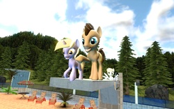 Size: 1680x1050 | Tagged: safe, artist:rillakim, derpy hooves, dinky hooves, doctor whooves, time turner, pegasus, pony, g4, 3d, diving board, female, forest, gmod, gmod tower, mare, swimming pool