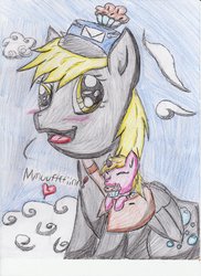Size: 763x1048 | Tagged: safe, artist:eguzmanryan, derpy hooves, dinky hooves, pegasus, pony, g4, blushing, cloud, cloudy, equestria's best mother, female, happy, hat, heart, letter, mailbag, mailmare, mailpony, mare, muffin, traditional art