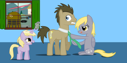 Size: 1200x600 | Tagged: safe, artist:rebron-y, derpy hooves, dinky hooves, doctor whooves, time turner, oc, pegasus, pony, g4, crayon, dalek, doctor who, female, magic, mare, necktie, tardis, window