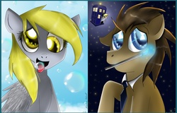 Size: 1567x1000 | Tagged: safe, artist:ladymonotone, derpy hooves, doctor whooves, time turner, pegasus, pony, g4, bubble, doctor who, female, mare, sonic screwdriver, tardis, tongue out