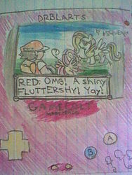 Size: 480x640 | Tagged: safe, artist:drblarts, banner mares, crescendo, fluttershy, g4, 30 minute art challenge, ash ketchum, crossover, game boy, parody, pokémon, traditional art