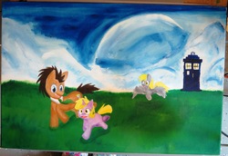 Size: 3407x2345 | Tagged: safe, artist:tails232323, derpy hooves, dinky hooves, doctor whooves, time turner, pegasus, pony, g4, doctor who, female, mare, painting, running, tardis, traditional art