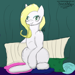 Size: 1200x1200 | Tagged: safe, artist:isketchalot, banner mares, crescendo, earth pony, pony, g4, 30 minute art challenge, blank flank, cushion, female, magic, magic aura, mare, pillow