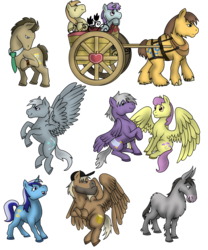 Size: 1119x1346 | Tagged: safe, artist:philosophypony, chance-a-lot, cletus, crafty crate, creme brulee, doctor whooves, liza doolots, minuette, noi, parasol, petunia, silver script, silverspeed, time turner, tootsie flute, donkey, horse, mule, g4, cart, necktie, realistic, simple background, transparent background, watch