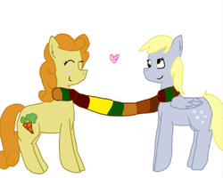 Size: 417x333 | Tagged: safe, artist:headdesk-art, carrot top, derpy hooves, golden harvest, pegasus, pony, g4, clothes, female, heart, lesbian, mare, scarf, shared clothing, shared scarf, ship:derpytop, shipping, simple background, white background