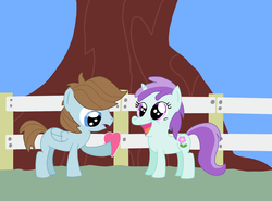 Size: 2288x1696 | Tagged: safe, artist:nevillucy, chip mint, liza doolots, petunia, rain catcher, tootsie flute, g4, hearts and hooves day (episode), chipdoolots, colt, female, fence, filly, happy, heart, hearts and hooves day, male, shipping, straight, valentine, valentine's day