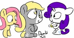 Size: 640x330 | Tagged: safe, artist:dambitail, derpy hooves, fluttershy, rarity, pegasus, pony, g4, 30 minute art challenge, female, makeover, mare
