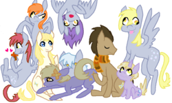 Size: 974x585 | Tagged: safe, artist:heavenlyradio, derpy hooves, dinky hooves, doctor whooves, flutter doo, frosty dew, orange box, time turner, oc, oc:red velvet, pegasus, pony, g4, clothes, family, family reunion, female, flower, mare, scarf, tongue out