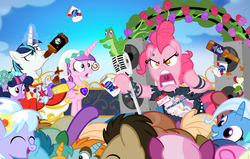 Size: 1200x765 | Tagged: safe, artist:pixelkitties, bon bon, cheerilee, cloudchaser, doctor whooves, gummy, lyra heartstrings, pinkie pie, princess cadance, princess celestia, shining armor, snails, snips, sweetie drops, time turner, trixie, twilight sparkle, g4, alcohol, background pony, beer, clothes, day, flower, microphone, pabst blue ribbon, piercing, punk, sex pistols, singing, speaker, stage, t-shirt, wedding, wristband