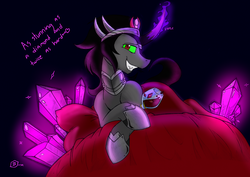 Size: 1202x850 | Tagged: safe, artist:joey darkmeat, artist:saine grey, king sombra, pony, unicorn, g4, armor, bed, colored, colored horn, crystal, curved horn, glass, glowing, horn, innuendo, magic, magic aura, male, prone, solo, sombra horn, stallion, stupid sexy sombra, wine, wine glass