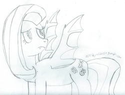 Size: 1280x977 | Tagged: safe, artist:2shyshy, fluttershy, bat pony, pony, g4, 30 minute art challenge, fangs, female, flutterbat, hilarious in hindsight, monochrome, race swap, sketch, solo, traditional art