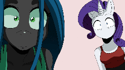 Size: 1280x720 | Tagged: safe, artist:ss2sonic, queen chrysalis, rarity, changeling, changeling queen, unicorn, anthro, g4, angry, animated, ayeka, clothes, cross-popping veins, emanata, female, glare, gritted teeth, looking at you, ponified, ryoko hakubi, simple background, tenchi muyo! ryo-ohki