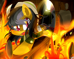 Size: 2000x1600 | Tagged: safe, artist:kty159, daring do, pegasus, pony, g4, chibi, female, lava, looking back, solo
