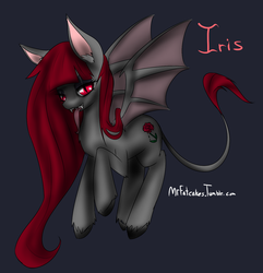 Size: 1254x1303 | Tagged: safe, artist:fatcakes, oc, oc only, oc:iris, bat pony, pony, bat pony oc, chest fluff, ear fluff, fluffy, flying, gray background, long mane, looking at you, simple background, slit pupils, solo, tongue out, unshorn fetlocks