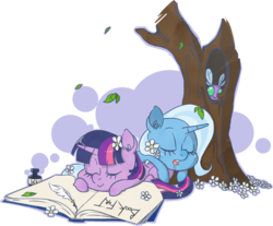 Size: 1964x1624 | Tagged: safe, artist:cruddydoodles, trixie, twilight sparkle, parasprite, g4, book, drool, female, filly, lesbian, ship:twixie, shipping, sleeping