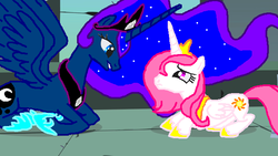 Size: 640x360 | Tagged: safe, princess celestia, princess luna, g4, recolor, role reversal, shattered glass