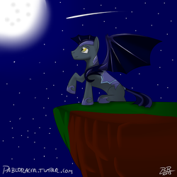 Size: 1280x1280 | Tagged: safe, artist:paburrito, bat pony, pony, g4, cliff, moon, night, night guard, royal guard, shooting star