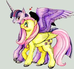 Size: 1024x945 | Tagged: safe, artist:blabyloo229, fluttershy, twilight sparkle, alicorn, pony, g4, blushing, female, heart, lesbian, mare, ship:twishy, twilight sparkle (alicorn), unshorn fetlocks