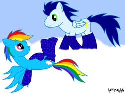 Size: 1024x768 | Tagged: safe, artist:rorysoarin, rainbow dash, soarin', g4, clothes, cloud, female, male, on back, ship:soarindash, shipping, socks, straight