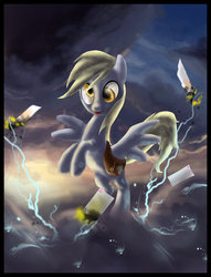 Size: 781x1022 | Tagged: safe, artist:semajz, derpy hooves, pegasus, pony, g4, female, letter, lightning, mail, mailbag, mare, solo, thunderstorm