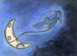 Size: 900x654 | Tagged: safe, artist:septilsix, princess luna, pony, g4, eyes closed, female, flying, moon, moon work, rope, solo, tangible heavenly object, traditional art