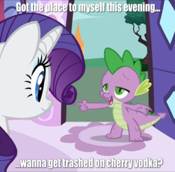 Size: 720x709 | Tagged: safe, rarity, spike, g4, alcohol, and then everything sexual happened, image macro, vodka