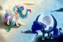 Size: 2592x1728 | Tagged: safe, artist:tzelly-el, princess celestia, princess luna, alicorn, pony, g4, cloud, duo, female, glowing eyes, mare, moon, sky, sun