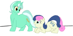 Size: 1129x549 | Tagged: safe, artist:envy, bon bon, lyra heartstrings, sweetie drops, earth pony, pony, unicorn, g4, belly, chubby, duo, duo female, fat, feeder bon bon, female, lard-ra heartstrings, lyra feedee